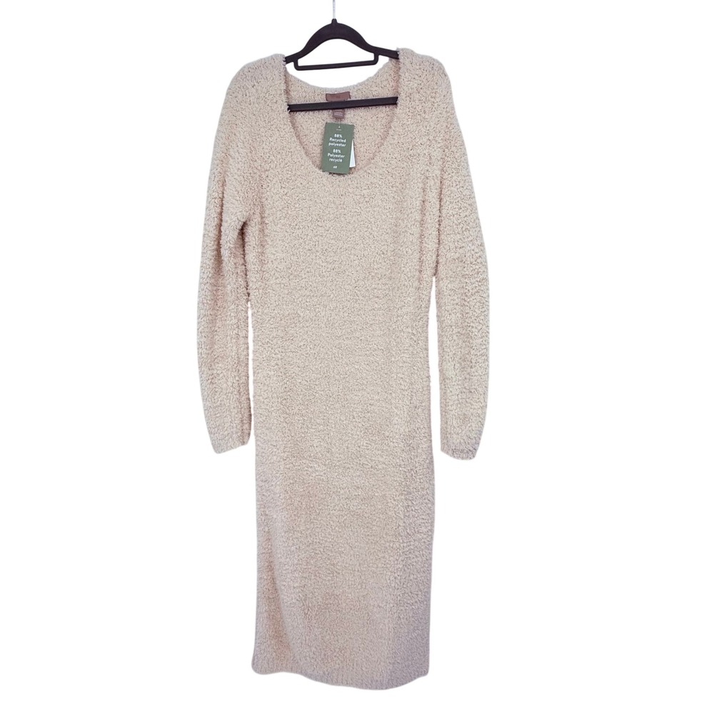 H&M Sweater Dress Womens Large Cream New Fuzzy Teddy Knit Scoop Neck Midi